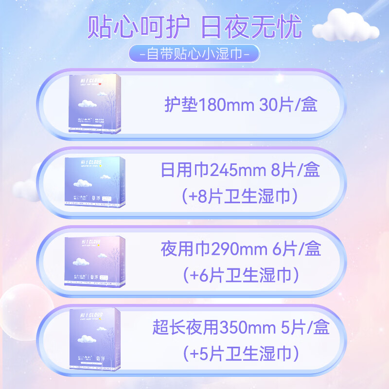 白森林（white forest）茶多酚悬浮卫生巾轻薄透气量大防侧漏无感不闷姨妈巾日夜组合 1护3日1夜1加长【共65片】+湿巾35片