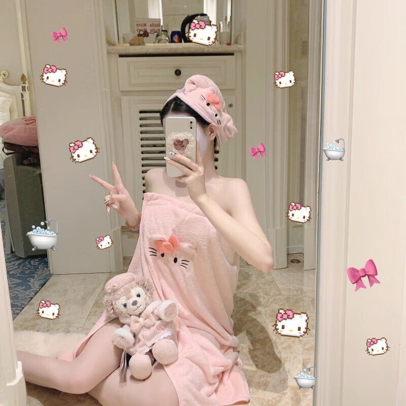 Kaooseen浴巾成人女士可穿2026新款hellokitty毛巾浴巾三件套珊瑚绒浴裙 【毛巾+浴巾+干发帽+浴裙】