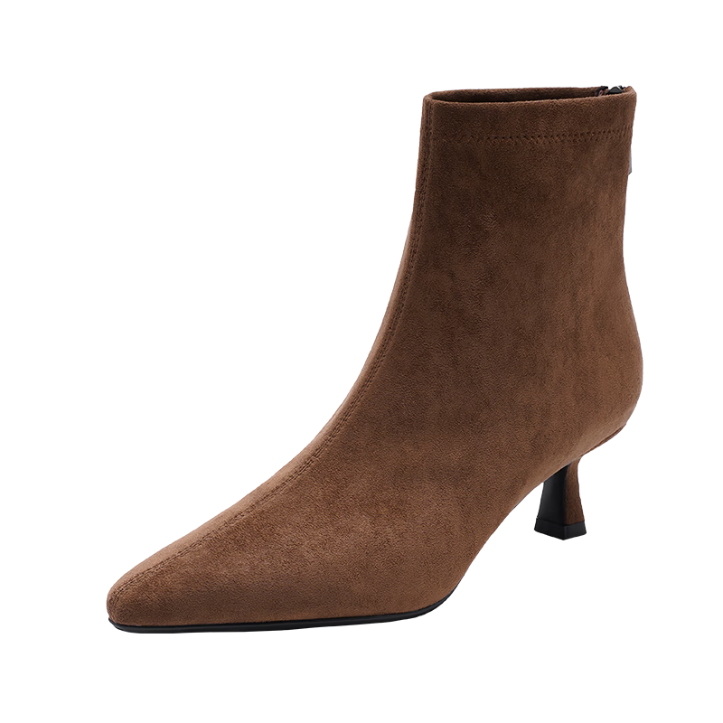 哈森优雅尖头时装靴瘦瘦靴显瘦细高跟后拉链女靴2025冬HA256501 棕色 织物 36