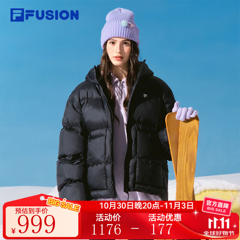 FILA FUSION斐乐潮牌羽绒服女2025冬季新款休闲宽松保暖连帽外套 正黑色-BK M 165/84A/M