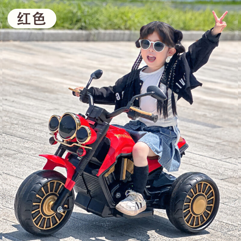 孩儿乖儿童电动摩托车三轮车可坐大人男女宝宝车小孩充电双人遥控玩具车 樱花粉+双驱+遥控+12V电瓶 双驱动