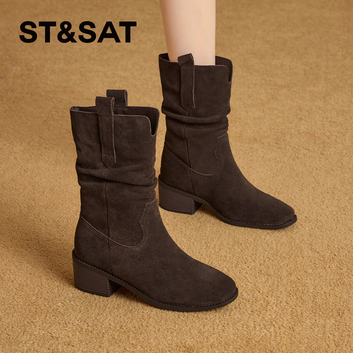 星期六短靴女2025新款爆款秋冬复古单靴女磨砂马丁靴高跟粗跟瘦瘦靴女款 咖啡色 36