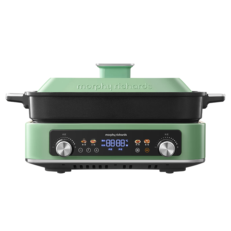 摩飞电器（Morphyrichards）多功能锅四代料理锅鸳鸯电热火锅专用锅家用分体6L大容量涮烤肉盘蒸煮煎炒一体机围炉煮茶器MR9288 清新绿标配（带深煮锅+蒸格+牛扒盘）6L