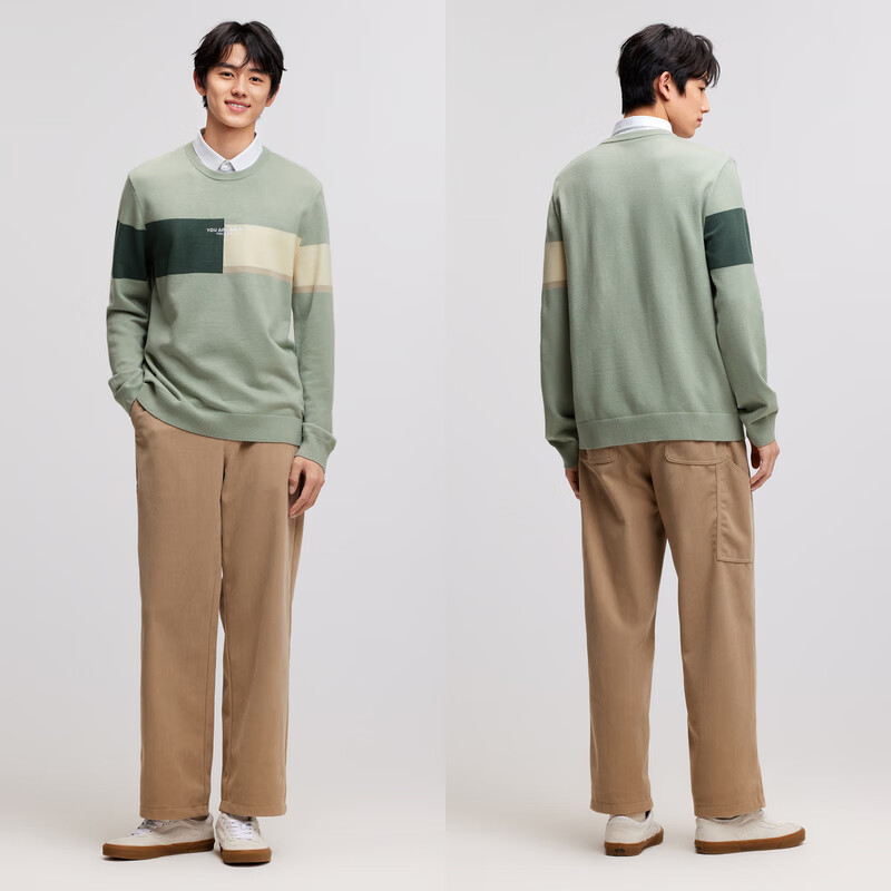 森马[毛衫合辑]男士毛衫秋冬简约保暖毛衣针织衫情侣款 [E款]绿咖色调00445 XL