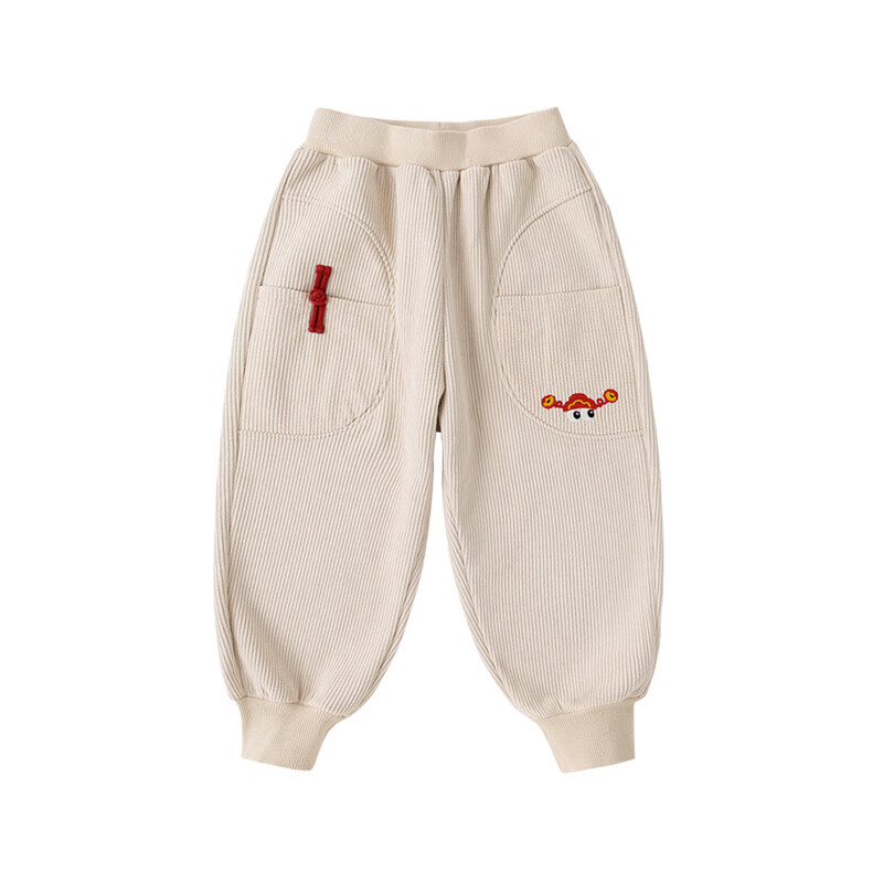 嘟嘟家儿童裤子新中式加厚冬装女童长裤加绒冬季男童拜年服休闲裤童装潮 米白色 100