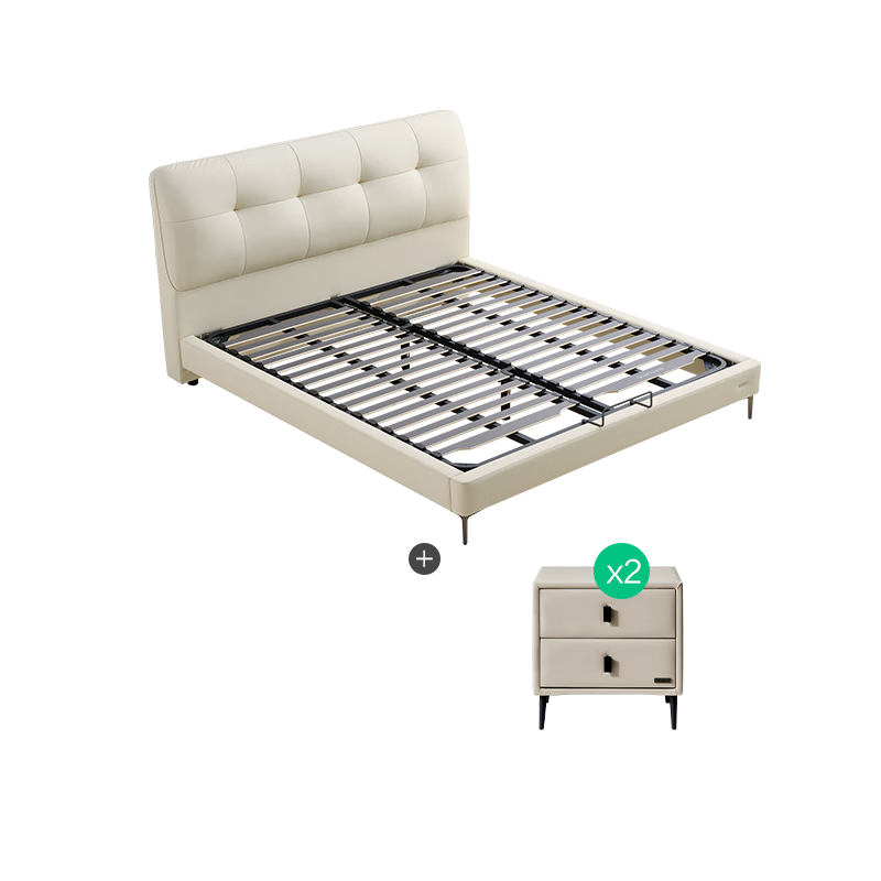 全友家居 头层牛皮真皮床奶油风床头软包靠背主卧室家用1.8米双人大床