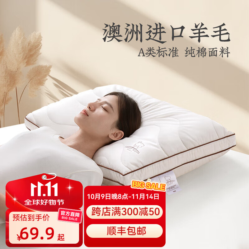 远梦枕头 澳洲进口羊毛酒店枕成人睡眠护颈枕中高枕头枕芯 单只 【A类】羊毛贴心枕 48cm×74cm