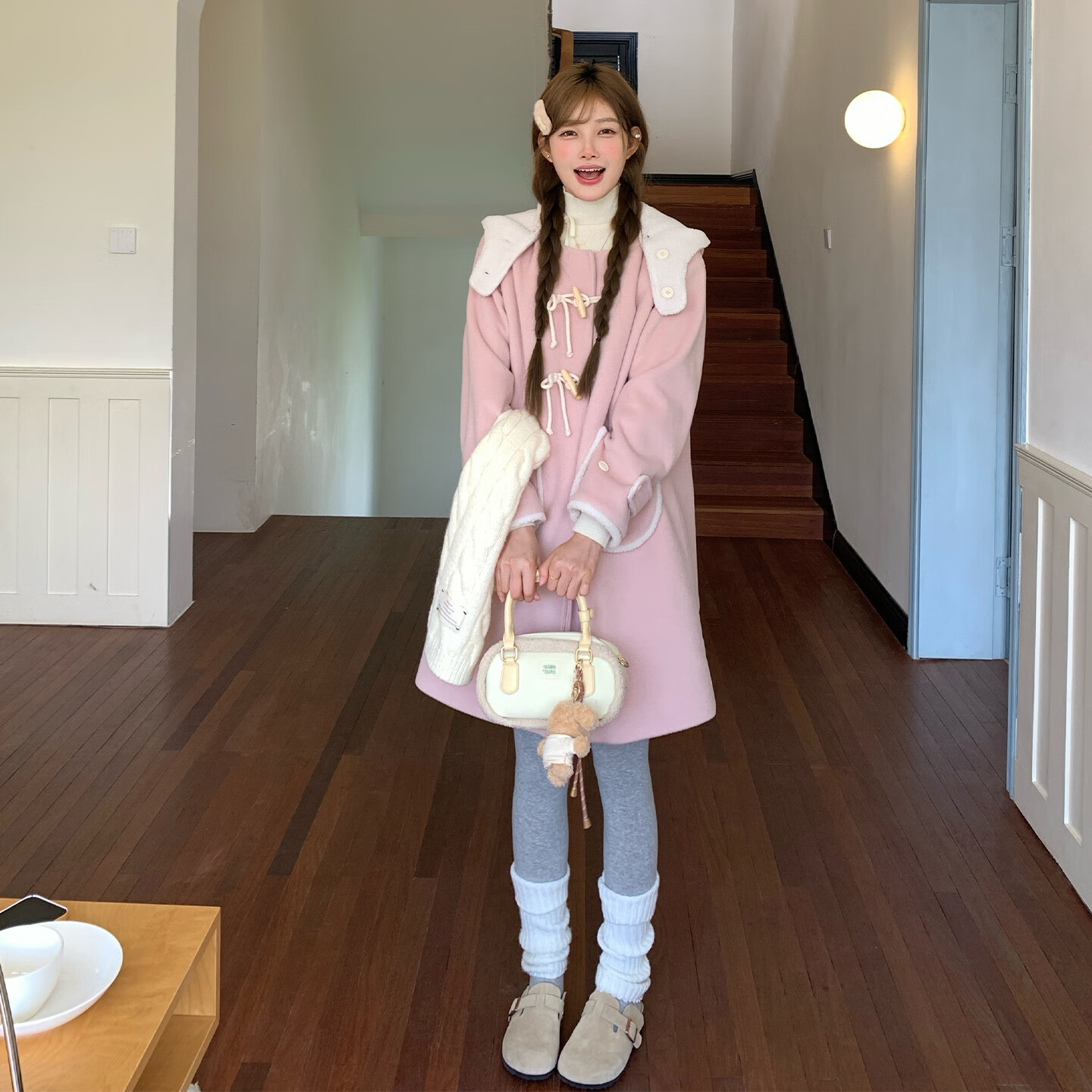 东鲸岁时记秋冬新款毛呢大衣粉色小羊羔女牛角扣长款连帽呢外套东京岁时记jk 【套装】大衣+打底衫+半裙 L