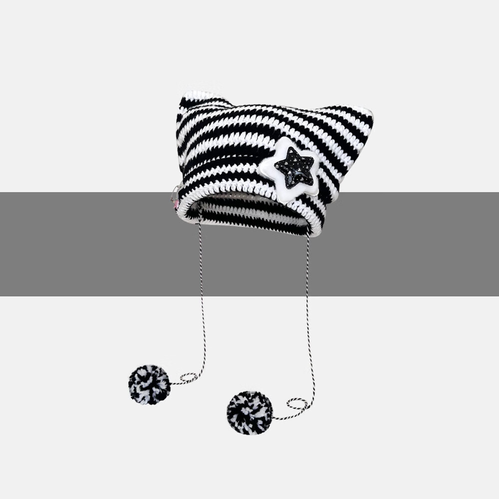 【甄选好物】亚比风猫咪耳朵帽子女秋冬y2k条纹针织帽韩版可爱保 张元英同款【黑色】