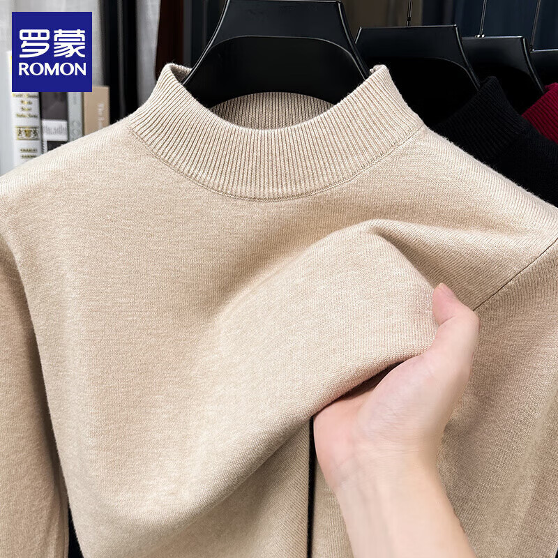 罗蒙(ROMON)半高领纯色男士毛衣2025秋冬季保暖打底衫宽松休闲针织衫上衣服 黑色 XL (建议体重130-145斤)