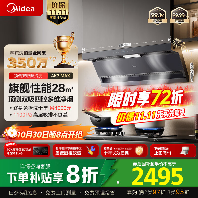 美的(Midea)【蒸汽洗AK7max】抽吸排油烟机家用28风量顶侧双吸变频自清洁烟机以旧换新国家补贴20%可配燃气灶