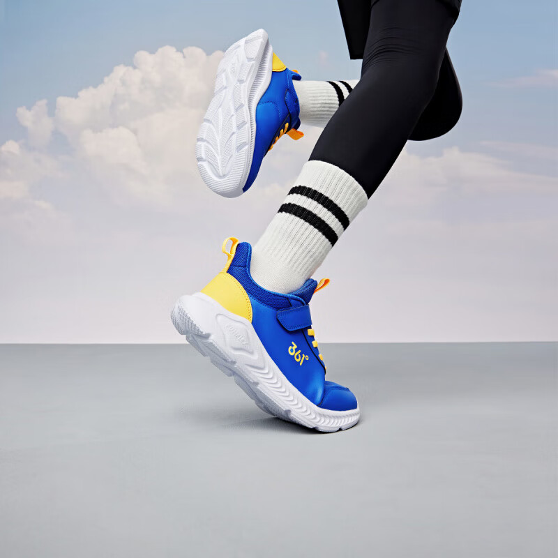 361°儿童运动鞋男童跑鞋秋冬密网轻便魔术贴女童皮革加绒保暖运动鞋 【皮革】科幻蓝色/荧光芒果橙 41