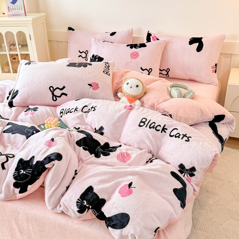 软贝小清新牛奶绒床上四件套保暖毛绒床单被套学生宿舍秋冬款三件套 炫酷黑猫 床单款 2.0m 被套200*230cm 四件套