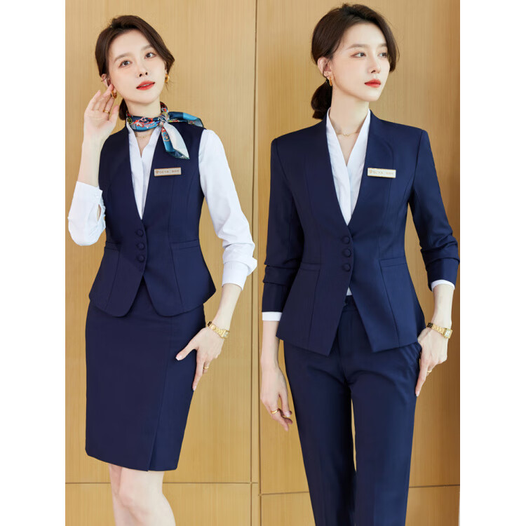 山头林村珠宝酒店前台接待经理工作服马甲女士西装套装职业正装气质春秋季 藏青色西装+裤子+裙子+白色衬衫 6XL