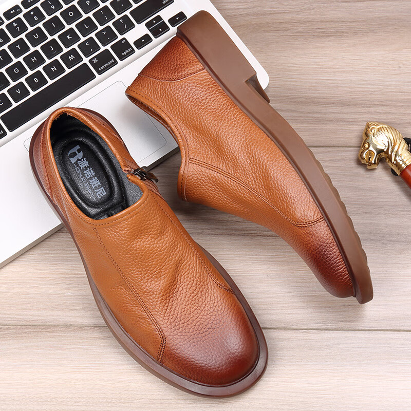 渡诺班尼皮鞋男夏季透气单层男鞋一脚蹬牛筋软底中年爸爸皮鞋 黑色_16068单层 45