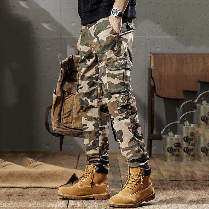 潮天士美式復(fù)古小腳迷彩工裝褲男寬松秋冬新品戶外直筒休閑褲男士長(zhǎng)褲子 沙迷彩 28 【90-110斤】