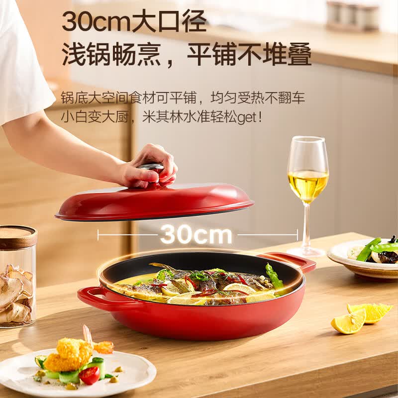 大松（TOSOT）【烹饪大师】铸铁珐琅海鲜锅煎炸炖煮焖烧微压双耳锅电磁燃气通用 红色30cm3L
