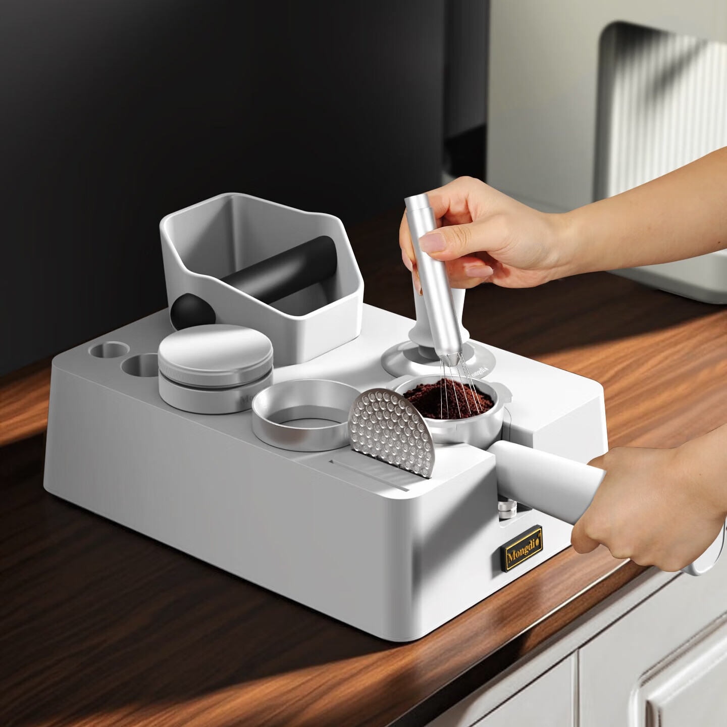 Mongdio咖啡压粉底座敲渣桶一体布粉器压粉锤器具收纳工具全套装 黑色压粉底座8件套58mm