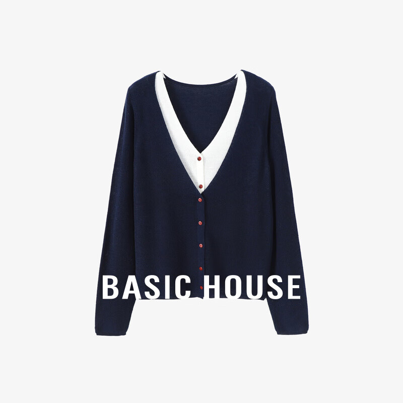 Basic House/百家好绵羊毛假两件针织开衫秋季新款慵懒风撞色上衣 藏青色 M （105-115斤）