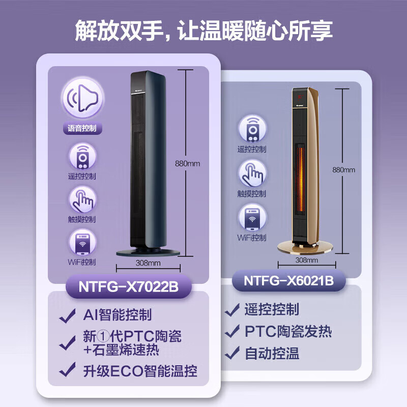 格力（GREE）取暖器家用暖风机立式电暖器定时速热电暖气片客厅卧室摇头热风机 NTFG-X7022B【石墨烯AI语音款】
