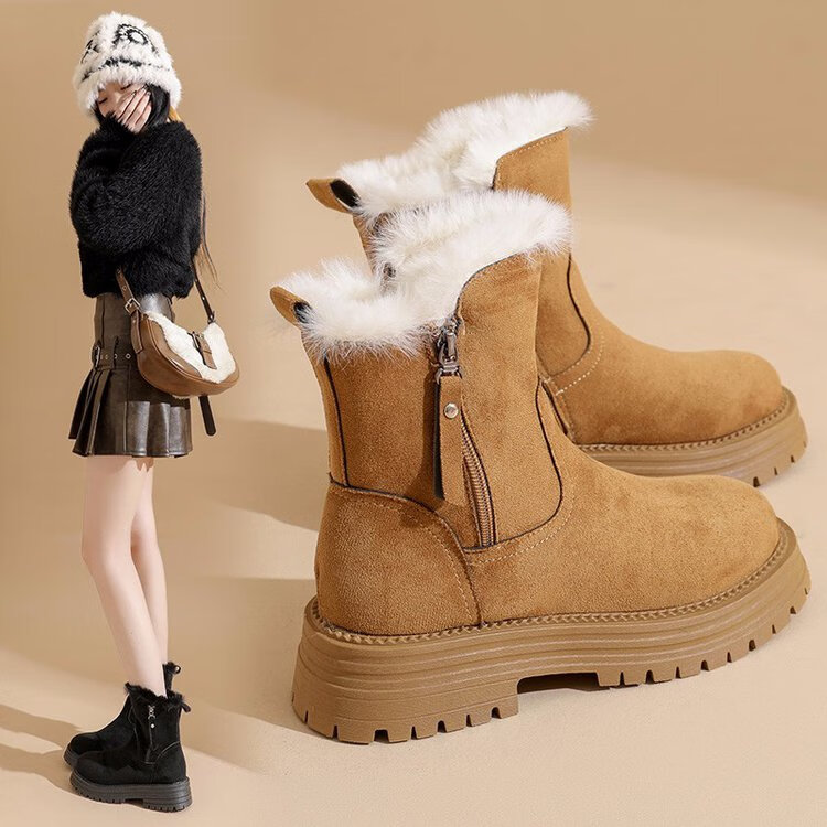 大东爆侧拉链橡胶中跟(3-5cm)人造短毛绒雪地靴冬季织物靴子粗跟 卡其色 40