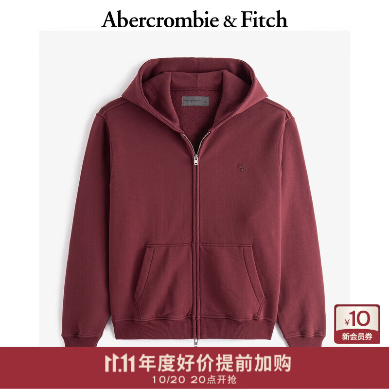 Abercrombie &amp; Fitch经典小麋鹿图案男装24春秋美式复古抓绒重磅卫衣外套122-4275 红色 M (180/100A)