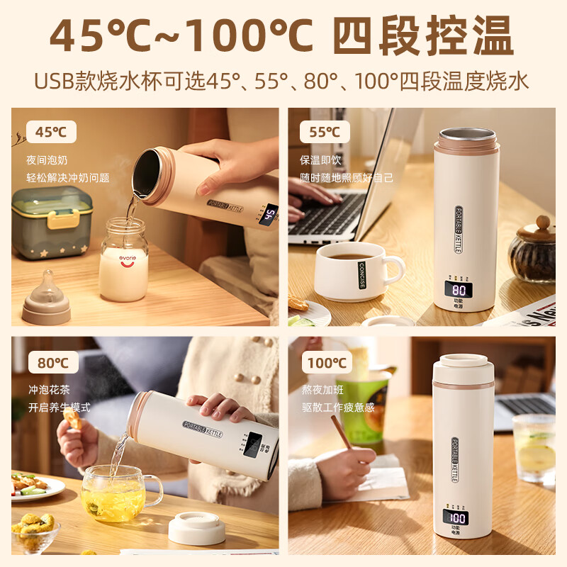 BLUE ZOO便携式烧水壶USB恒温保温旅行烧水杯出差酒店宿舍女朋友礼物热水壶电热杯年会员工礼品 0.5L 304炖煮款-出国装-煮粥煮茶-温度显示