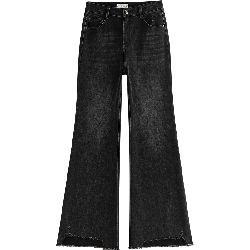 茵曼【商场同款】2025秋冬女装新款毛边抓毛喇叭牛仔裤显瘦长裤 牛仔黑 26