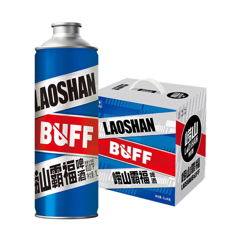 崂山啤酒(laoshan beer)霸福精品 1L*6礼盒装马口铁桶啤 原麦汁浓度10°P 啤酒整箱 崂山霸福 1L 6瓶