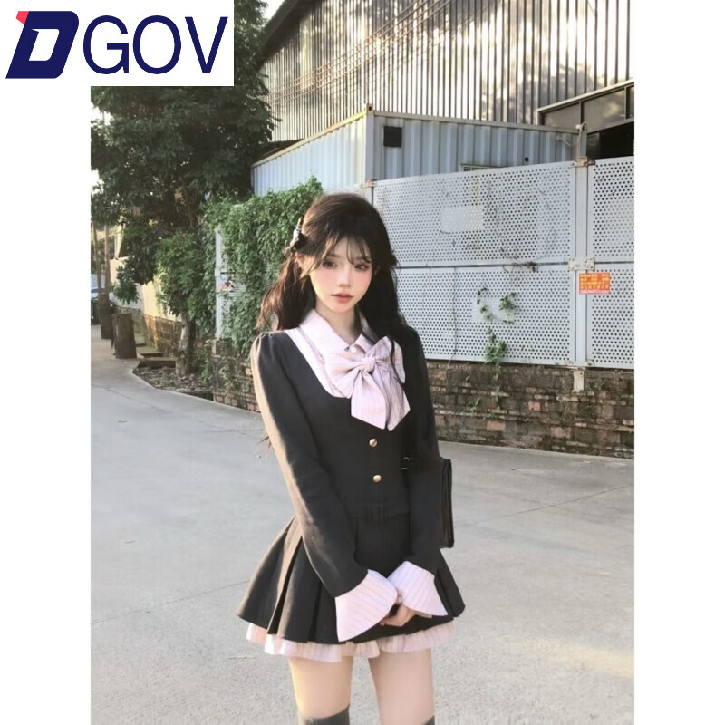 DGOV失落乐园欲短裙收腰显瘦甜美学院风撞色拼接百褶连衣裙女 灰色拼接连衣裙 【带蝴蝶结+腰带 L 【100-110斤】