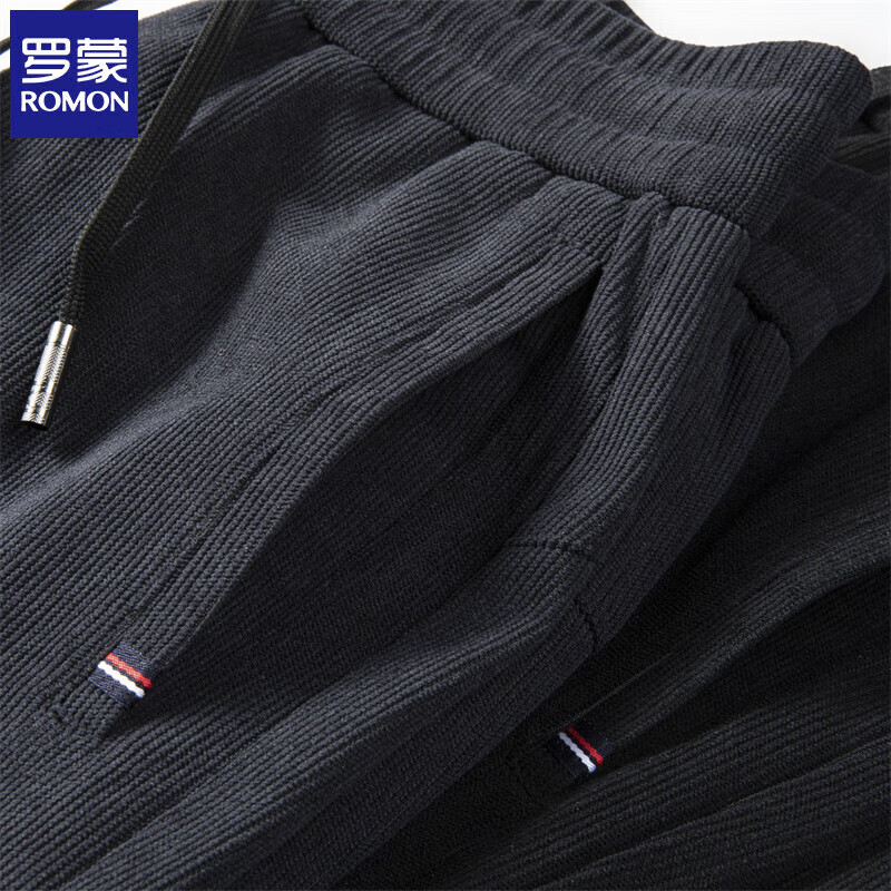 罗蒙（ROMON）灯芯绒休闲裤男2025秋冬新款加绒松紧腰男士直筒长裤子保暖男裤 黑色【春秋厚款】 XL (建议体重130-150斤)