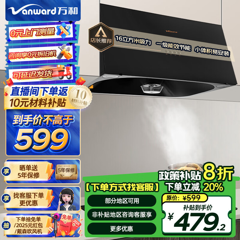 万和(Vanward)16立方米强大吸力中式抽油烟机一级能效小尺寸深腔拢烟高速直排易洁设计钢化玻璃大屏家用吸油烟机 【以旧换新】CXW-180-H05GS
