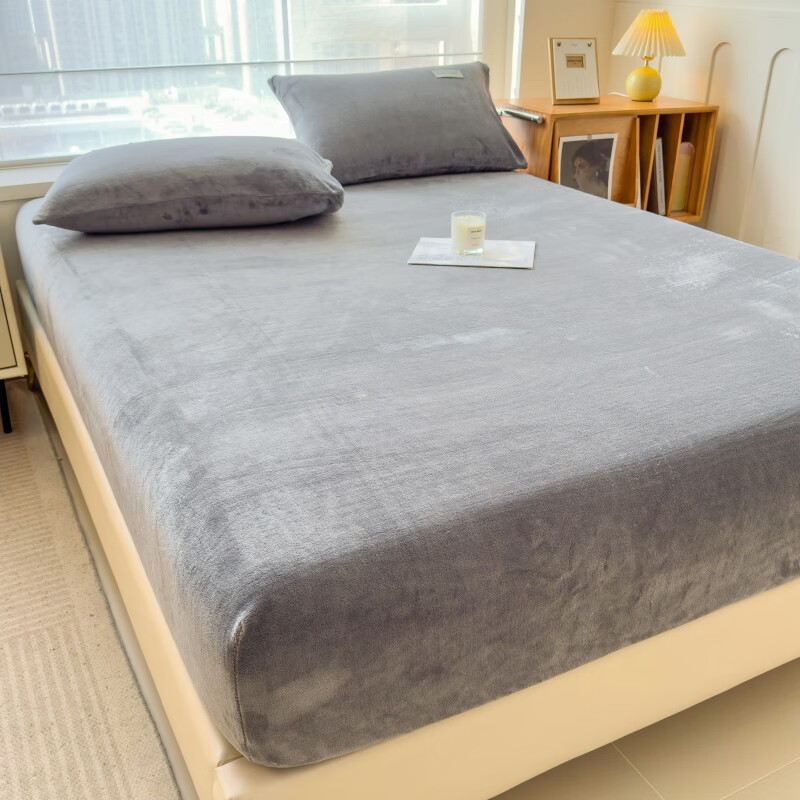 雅鹿冬季加厚牛奶绒床笠单件床罩席梦思床垫保护罩加绒床单床套三件套 浅灰【高克重牛奶绒 厚实细腻】 180x200cm床笠单件