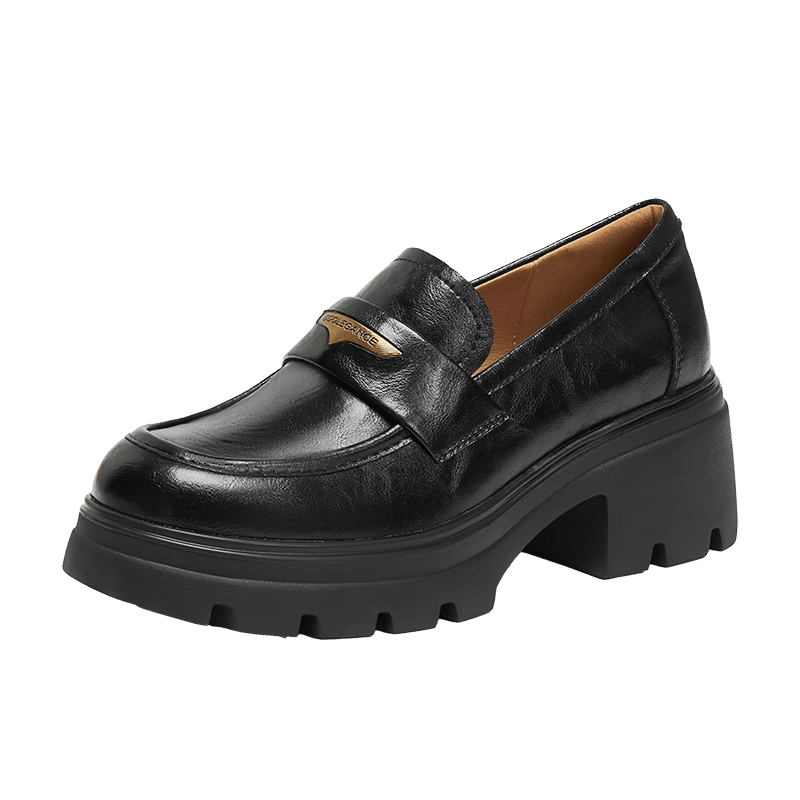 百丽海鸥乐福鞋女厚底英伦小皮鞋春夏通勤单鞋JD007CM5 黑色-哑光 36