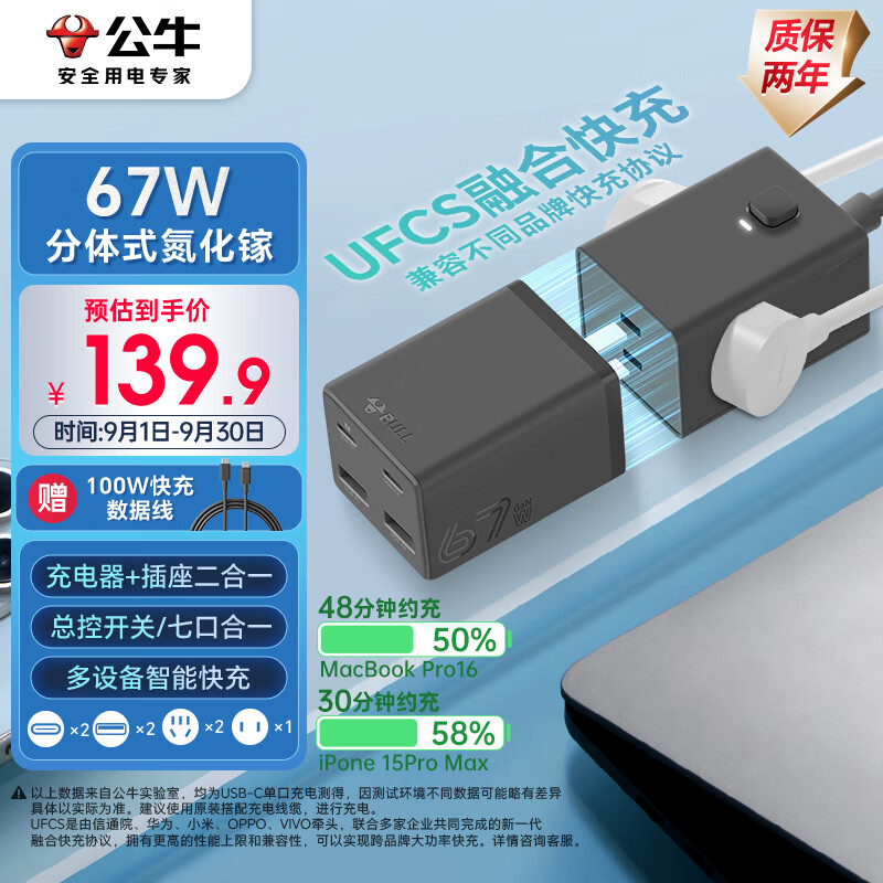 公牛（BULL）氮化镓67W快充插座笔记本充电器/桌面充电站/USB分体组合式插线板便携插排 2C2A+3孔灰色总控开关