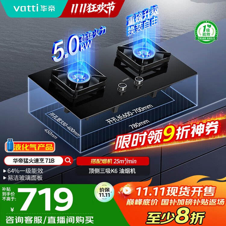 华帝（VATTI）国家补贴20%以旧换新燃气灶家用罐装式液化气嵌入式5.0kW猛火一级能效煤气炉灶双灶台灶具i10071B