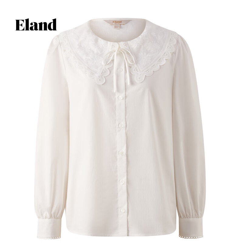 ELAND【100%棉】衣恋衬衫女气质荷叶领长袖上衣2025秋季新款 象牙白/白色(39)Ivory M /165