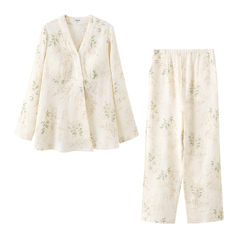 米度麗 月子服秋冬產(chǎn)后純棉帶胸墊哺乳孕婦睡衣喂奶衣家居服 米杏色 XL