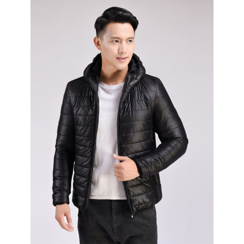 眫东来超市品质羽绒服内胆轻薄男士短款外穿保暖棉衣薄款 丝绵黑色连帽款 2XL  130斤-145斤