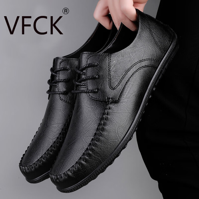 VFCK官方正品男鞋2025新款真皮透气商务休闲皮鞋男软皮软底系带驾车鞋 黑色CK-9810 46 (280mm) 标准皮鞋尺码