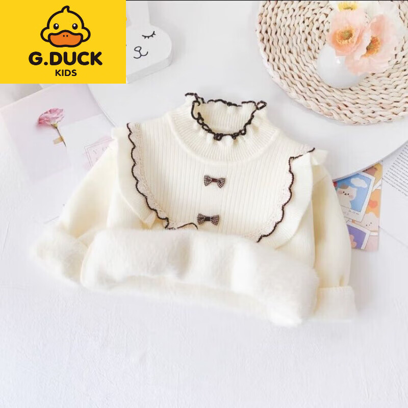 G.duck小黄鸭女童毛衣加绒加厚小童打底衫冬装女宝宝针织衫内搭半高领 粉红色 100 建议身高90-100厘米