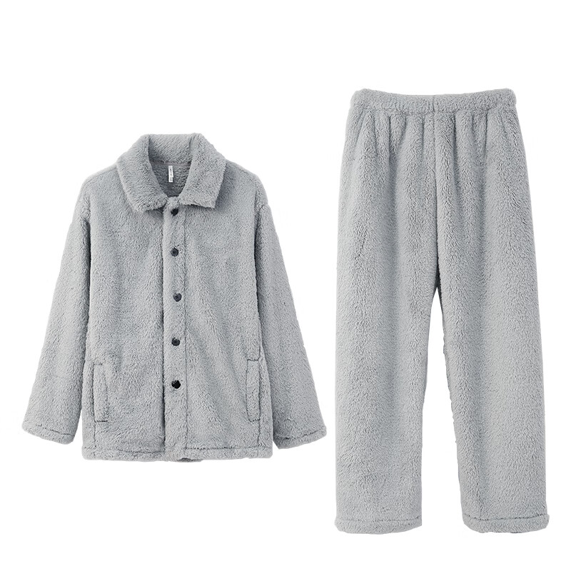 安之伴睡衣男秋冬季加厚柔软舒适可外穿长袖长裤家居服套装 灰色 L