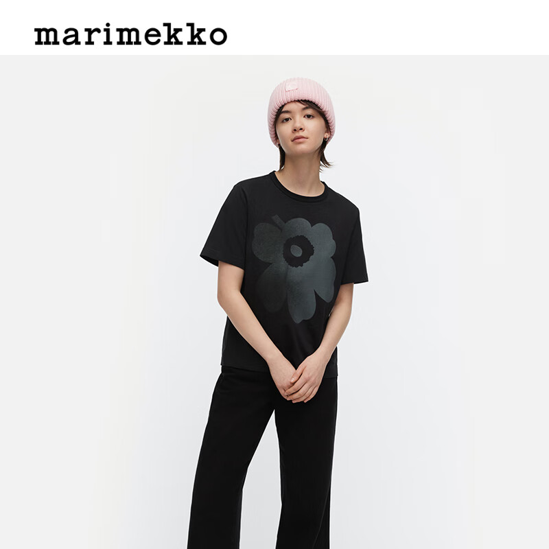 marimekko玛莉美歌【Unikko游霓可印花】女装早春纯棉短袖T恤常规上衣 黑色、灰色 S