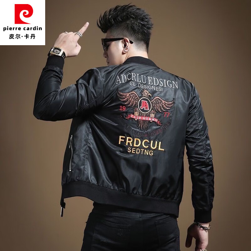 皮尔卡丹（pierre cardin）25秋冬季新款男装刺绣棒球领夹克棉服潮流休闲拉链ins飞行员外套 黑色秋款 L 110-130