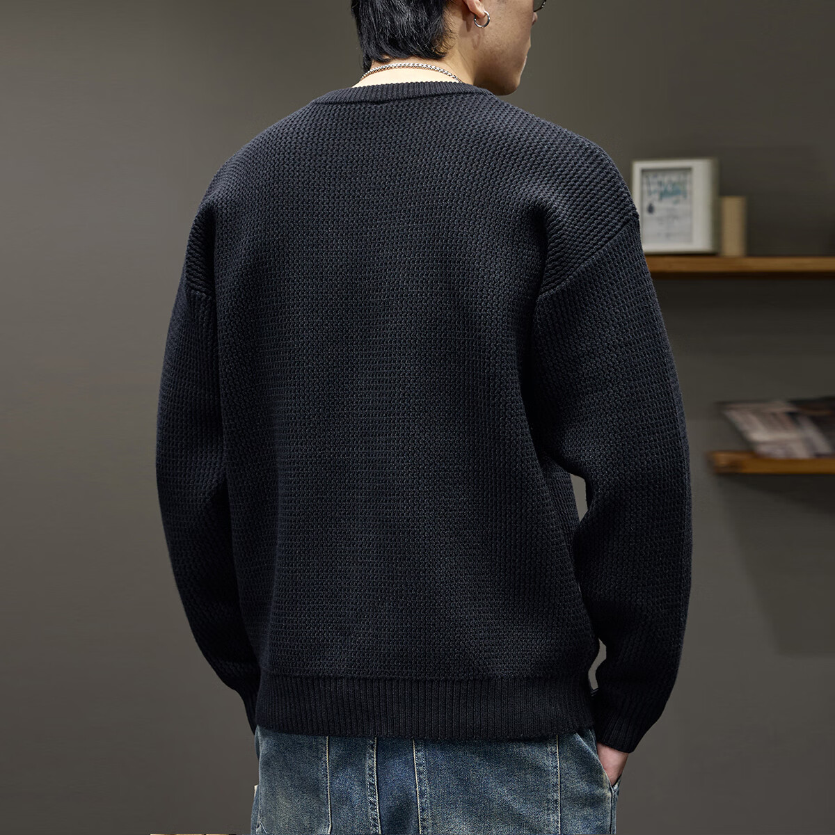 新百伦重磅圆领毛衣男士冬季加厚保暖针织衫宽松潮牌休闲毛线衣外套 黑色 M 码【建议110-130斤】