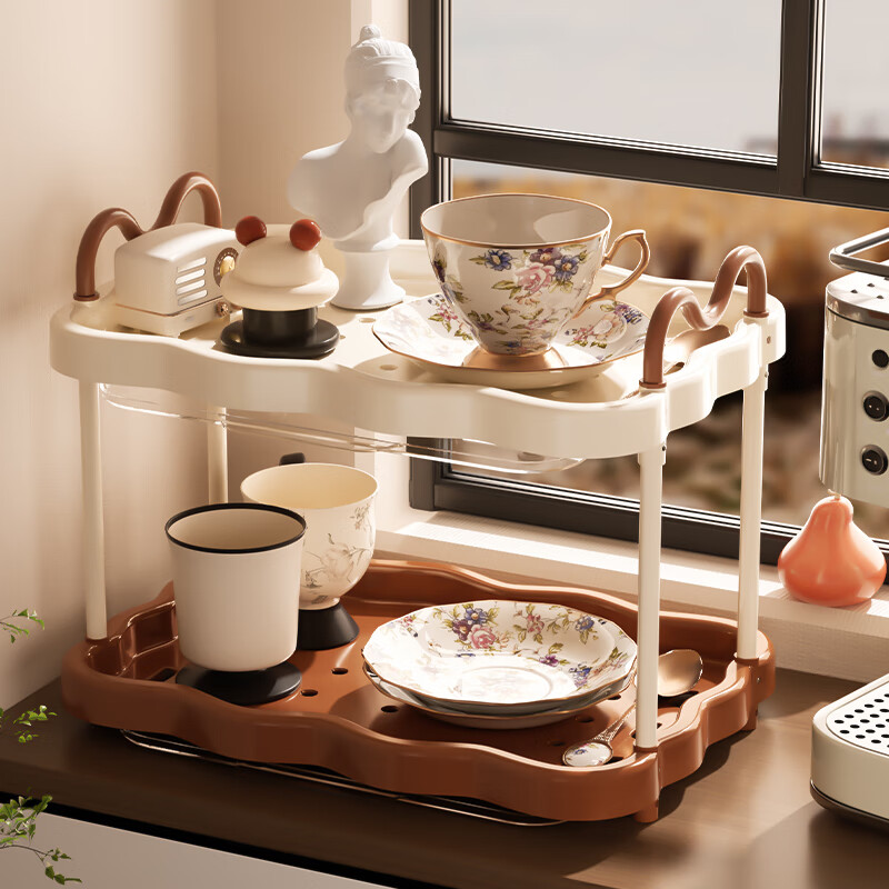 聚可爱杯子收纳置物架桌面放咖啡杯碟沥水分层托盘架复古大容量水杯架子 二层-奶咖色