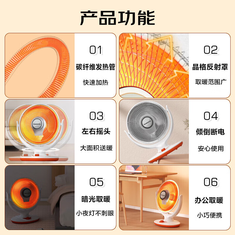 长虹(CHANGHONG)取暖器小太阳电暖器取暖电器电热扇电暖炉烤火炉快热炉取暖神器 中号花篮摇头款【网罩380mm】 1