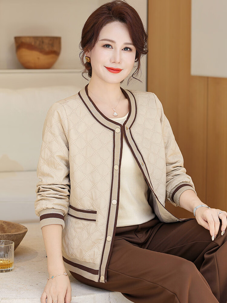 兰铂丽斯中年妈妈装短款休闲外套女春秋季新款气质婆婆长袖夹棉轻薄棉衣 米色 XL （建议85-105斤）
