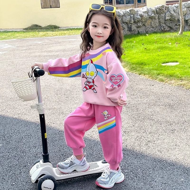 G.duck小黄鸭女童奥特曼发光春秋套装迪迦小女孩长袖衣服带灯运动两件套 【2件套】1766*粉色 100 码建议身高90-100cm