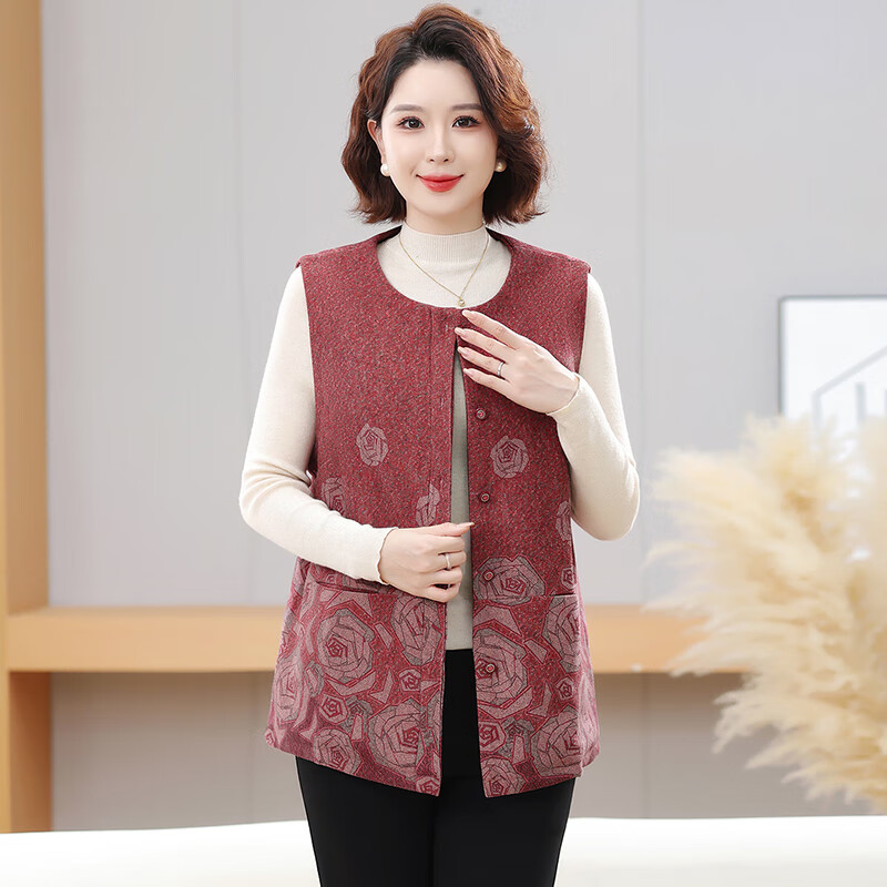 榄舍大码妈妈圆领马甲女秋装加厚款坎肩外套中老年胖太太加肥保暖马夹 红色 7XL (建议210-235斤)